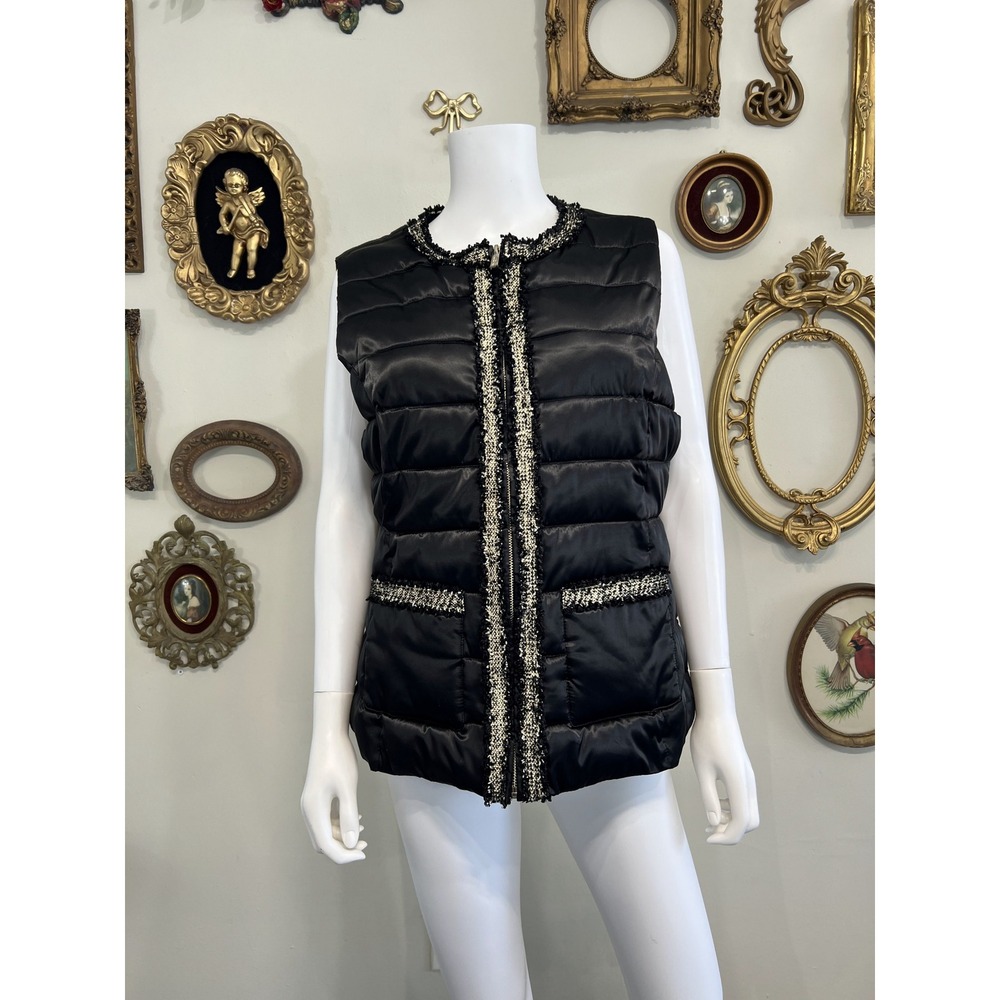 Karl Lagerfeld Paris Black Quilted Puffer Vest Tweed Trim Zip Up Pockets Large